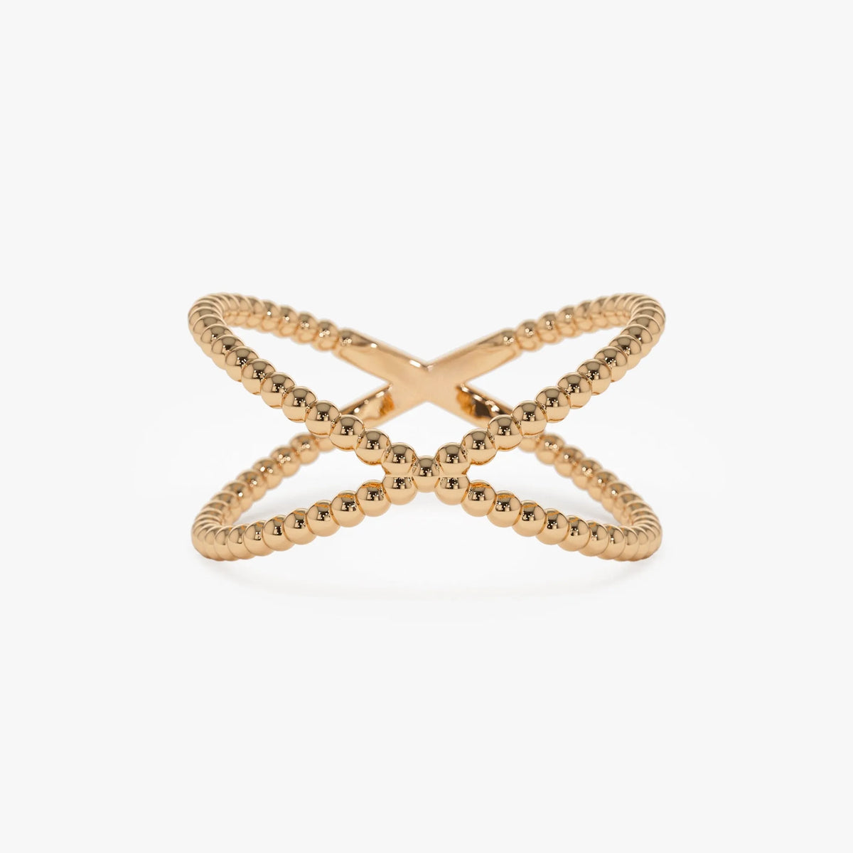 14k Solid Gold Beaded Band Criss Cross Statement Ring