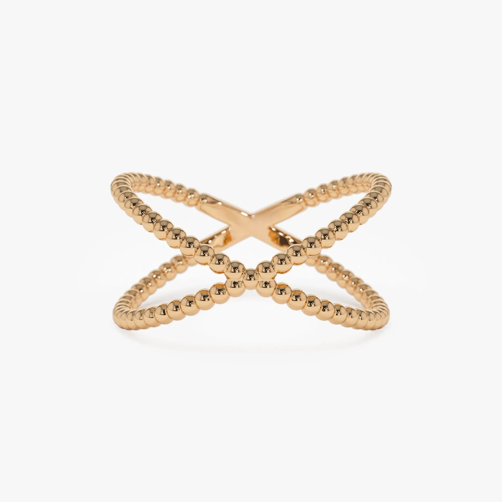 14k Solid Gold Beaded Band Criss Cross Statement Ring
