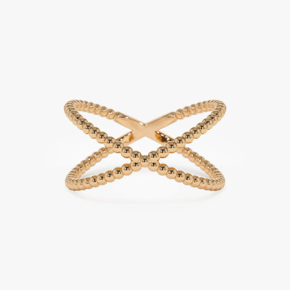 14k Solid Gold Beaded Band Criss Cross Statement Ring