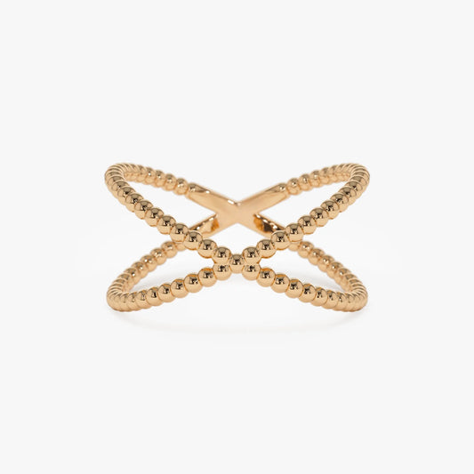 14k Solid Gold Beaded Band Criss Cross Statement Ring