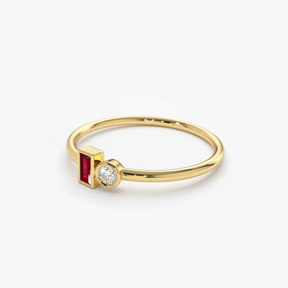 14k Gold Ruby and Diamond Baguette and Round Cut Minimalist Bezel Setting Ring 0.13 ctw