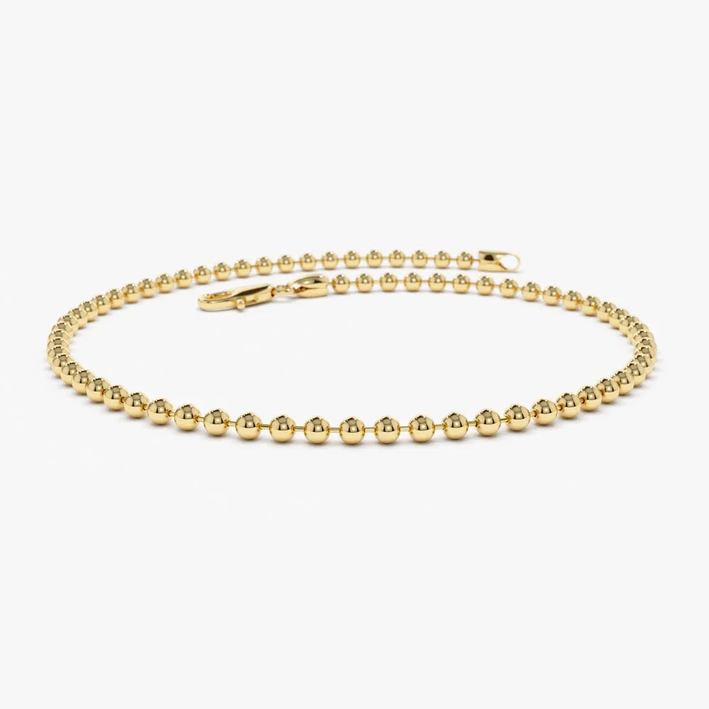 14k Solid Gold 2mm Beaded Ball Chain Bracelet