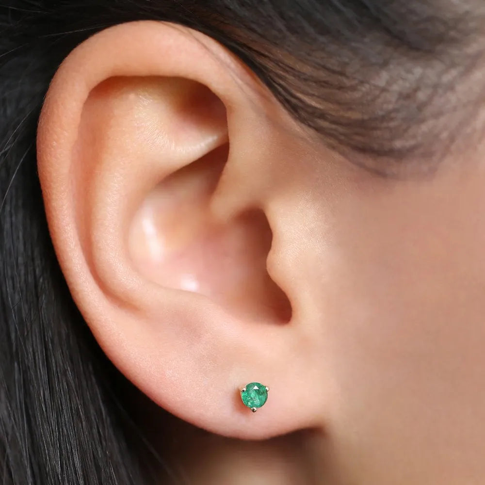 14K Gold Round Cut Emerald 3 Prong Stud Earrings 0.41ctw
