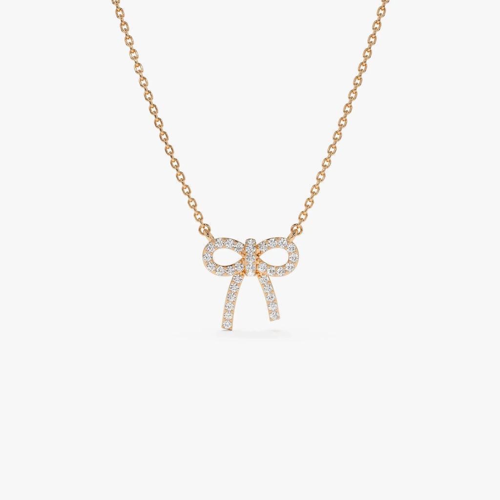 14K Solid Gold 0.17 CTW Round Diamond Bow Necklace Prong Setting