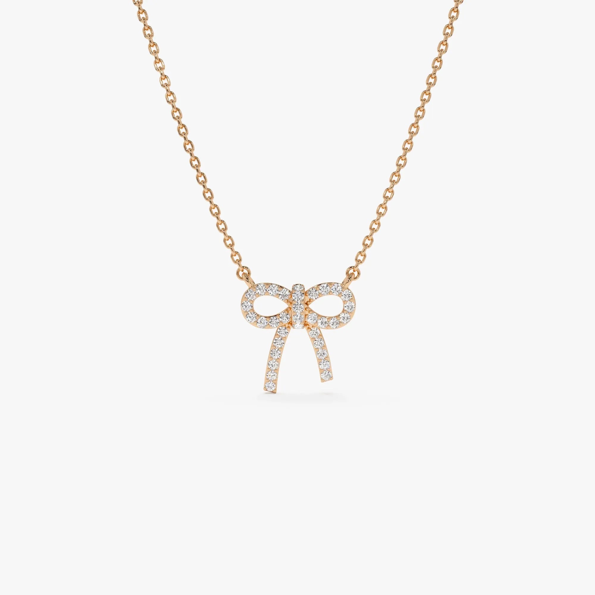 14K Solid Gold 0.17 CTW Round Diamond Bow Necklace Prong Setting