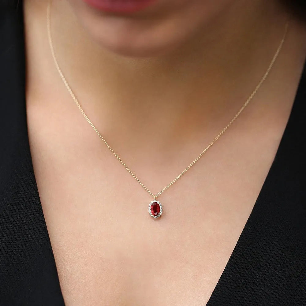 14k Solid Gold Ruby and Diamond Oval Halo Necklace 0.70 Carat Prong Setting