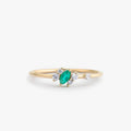 14K Solid Gold Marquise Emerald and Round Diamond Slanted Ring 0.23 CTW Handcrafted Jewelry
