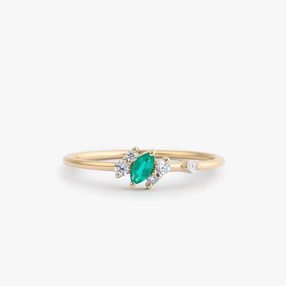 14K Solid Gold Marquise Emerald and Round Diamond Slanted Ring 0.23 CTW Handcrafted Jewelry