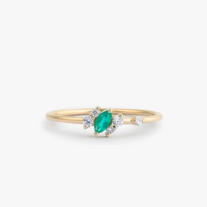 14K Solid Gold Marquise Emerald and Round Diamond Slanted Ring 0.23 CTW Handcrafted Jewelry