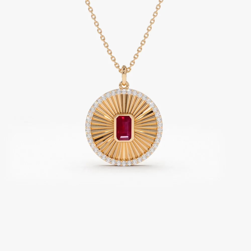 14k Solid Gold Ruby and Diamond Emerald Cut Medallion Disc Necklace 0.57 Carat