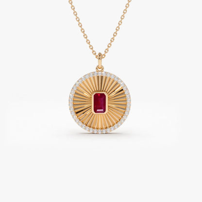 14k Solid Gold Ruby and Diamond Emerald Cut Medallion Disc Necklace 0.57 Carat