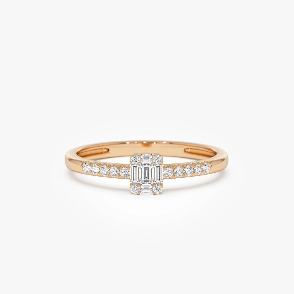 14k Gold 0.15 ctw Baguette and Round Diamond Cluster Stacking Pavé Band