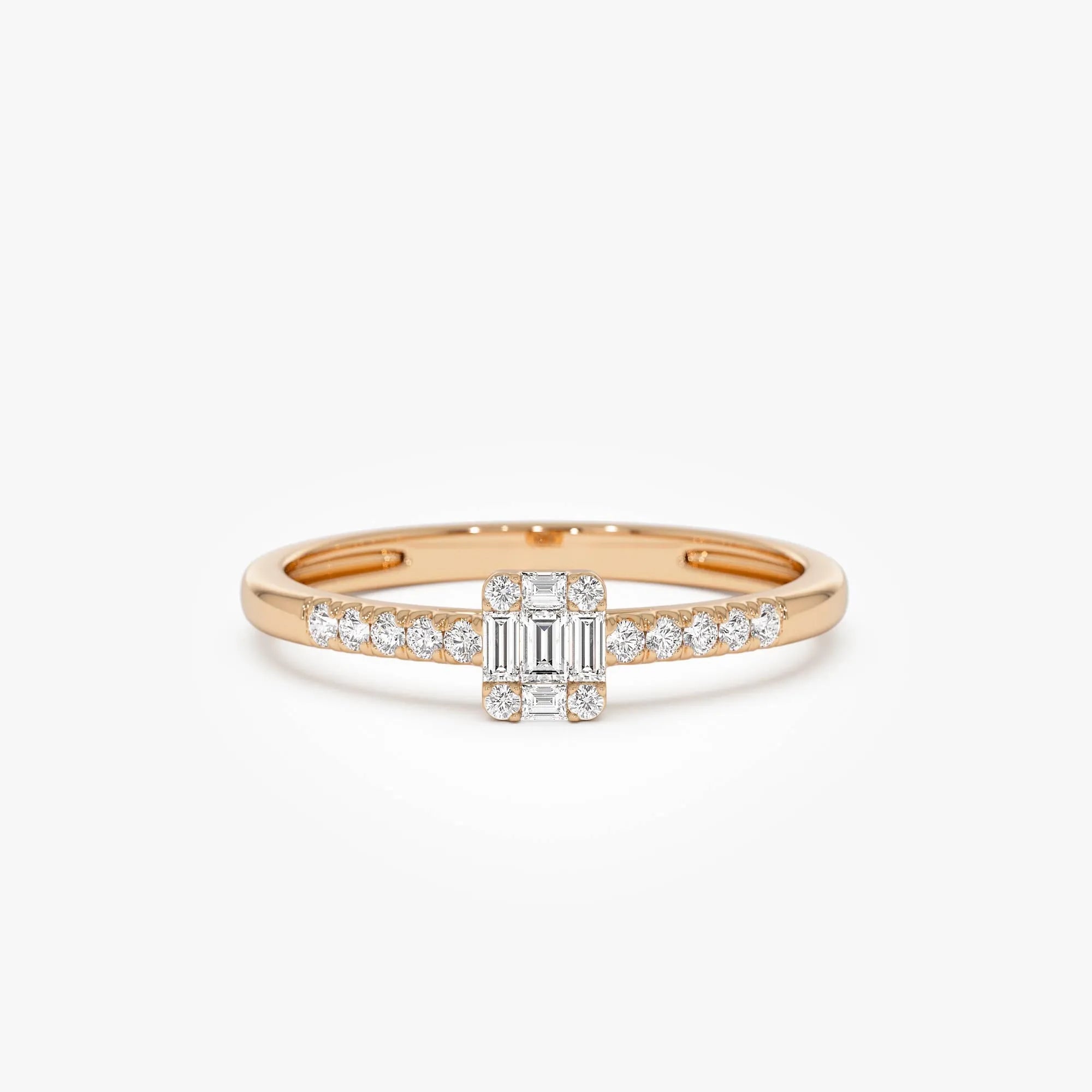 14k Gold 0.15 ctw Baguette and Round Diamond Cluster Stacking Pavé Band