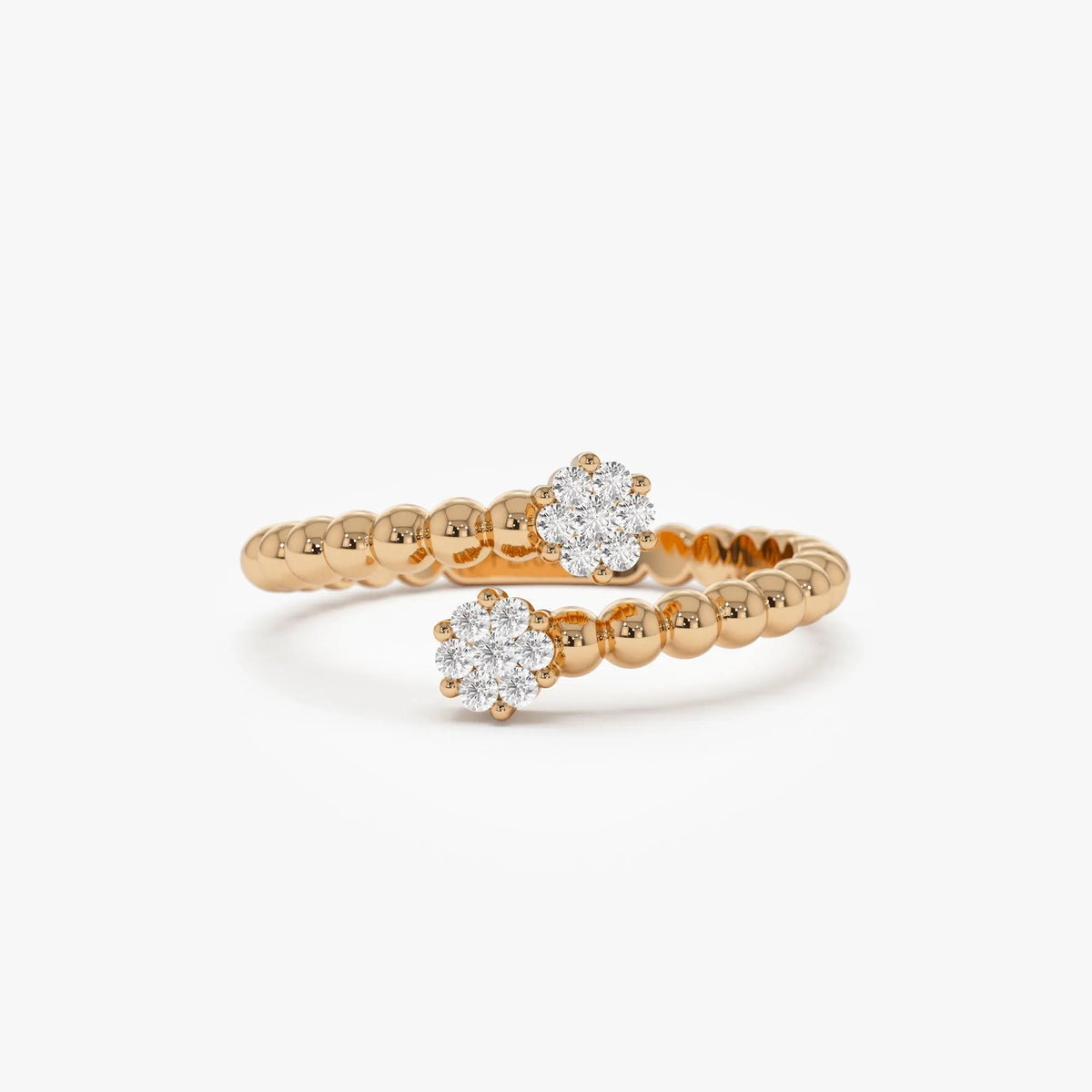 14k Solid Gold Round Diamond 0.14 ctw Beaded Open Bypass Illusion Ring