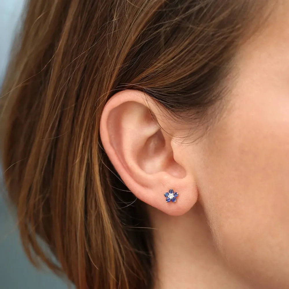 14k Solid Gold Blue Sapphire and Round Diamond Flower Stud Earrings 0.32 ctw