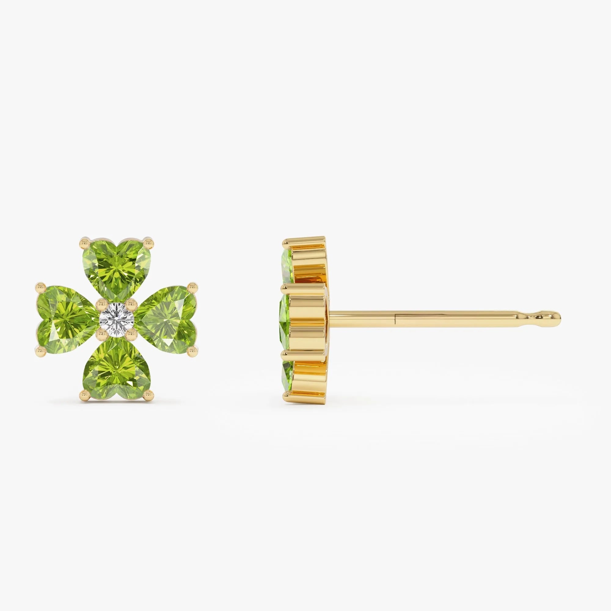 14K Solid Gold Heart Shaped Peridot and Diamond Four Leaf Clover Stud Earrings