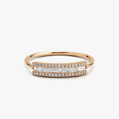 14K Gold Baguette and Round Diamond Horizontal Channel Micro Pave Ring 0.34ctw
