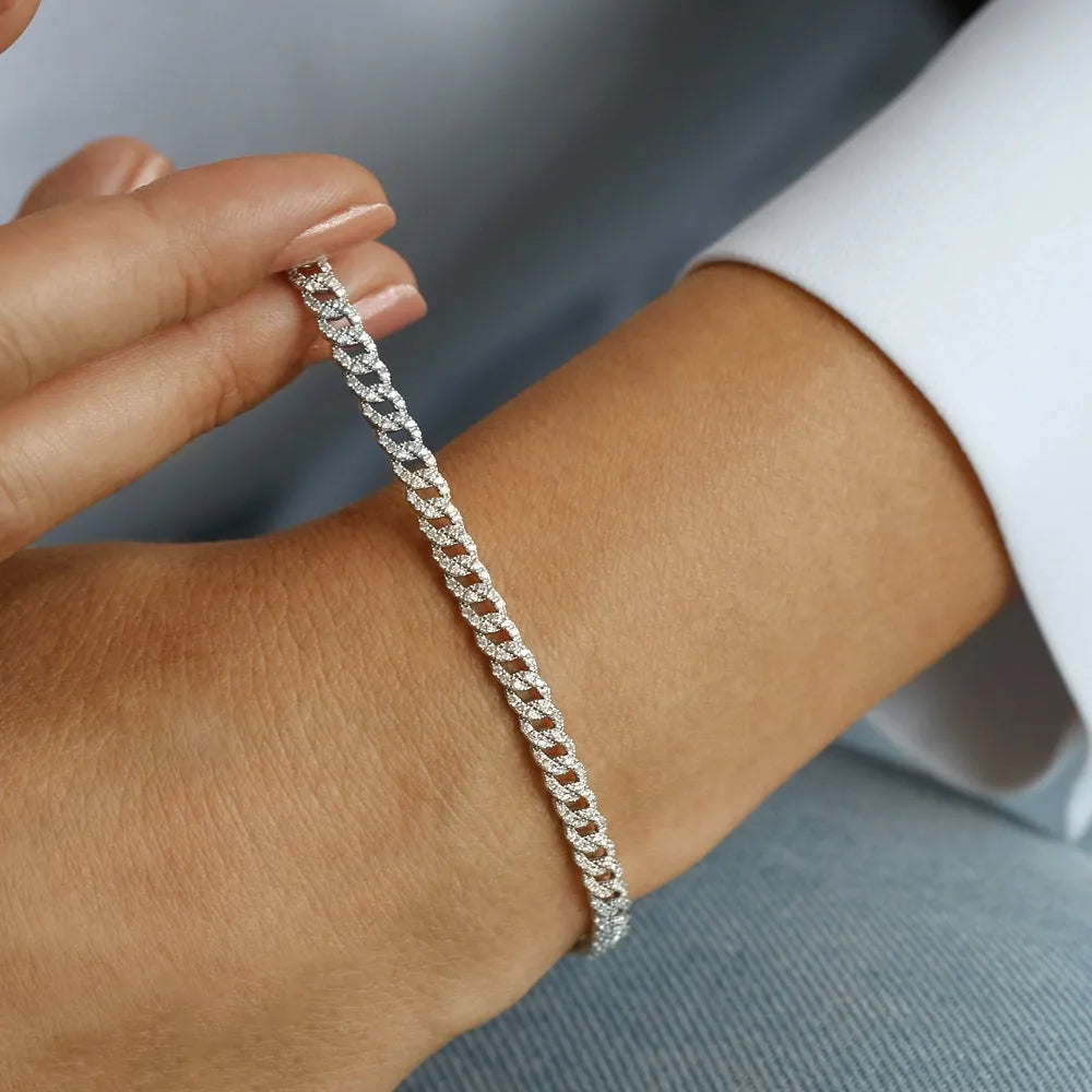 14K Solid Gold Round Diamond 4.8MM Cuban Link Micro-Pave Bracelet