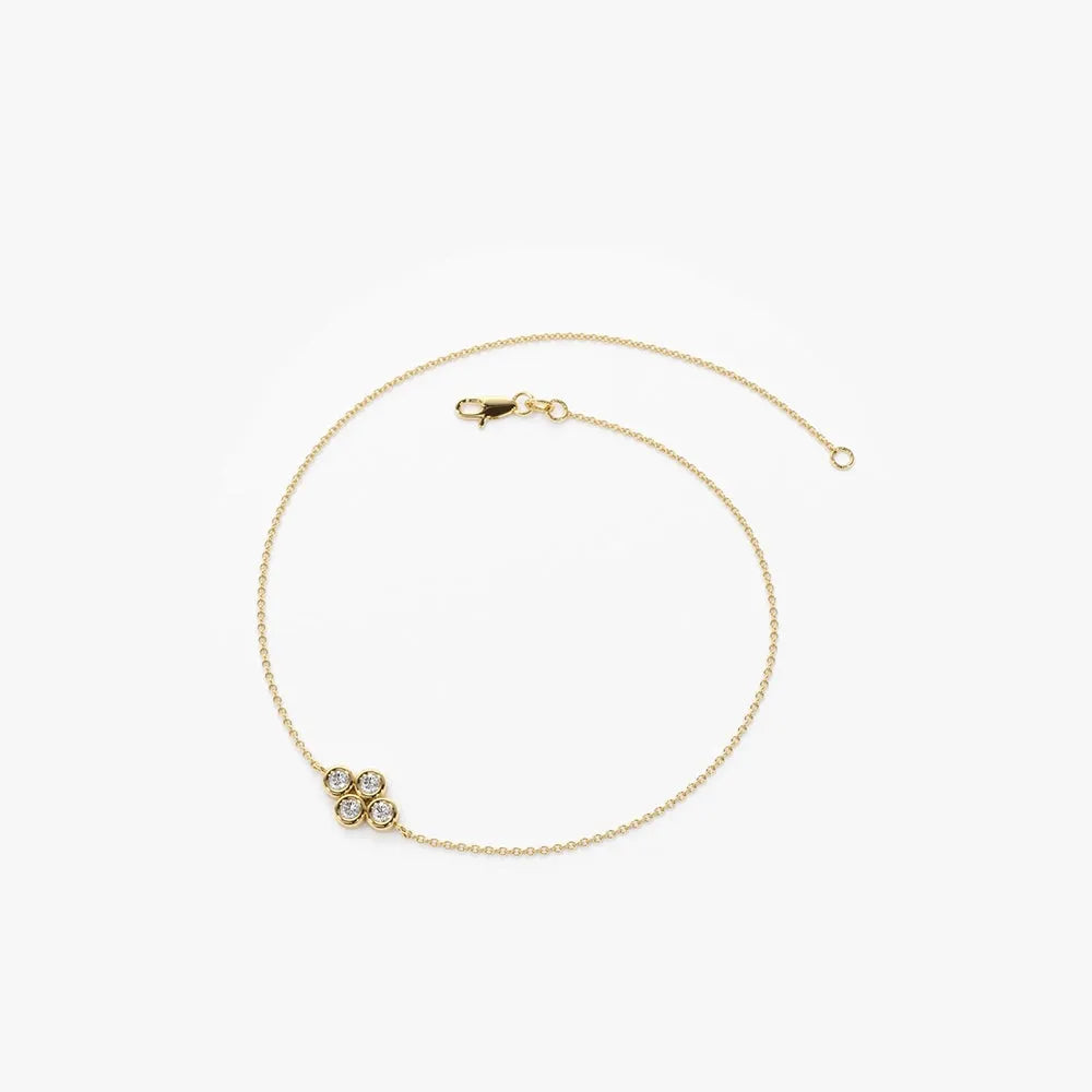 14K Solid Gold Round Diamond Quad Cluster Bracelet Bezel Setting 0.10 Carat