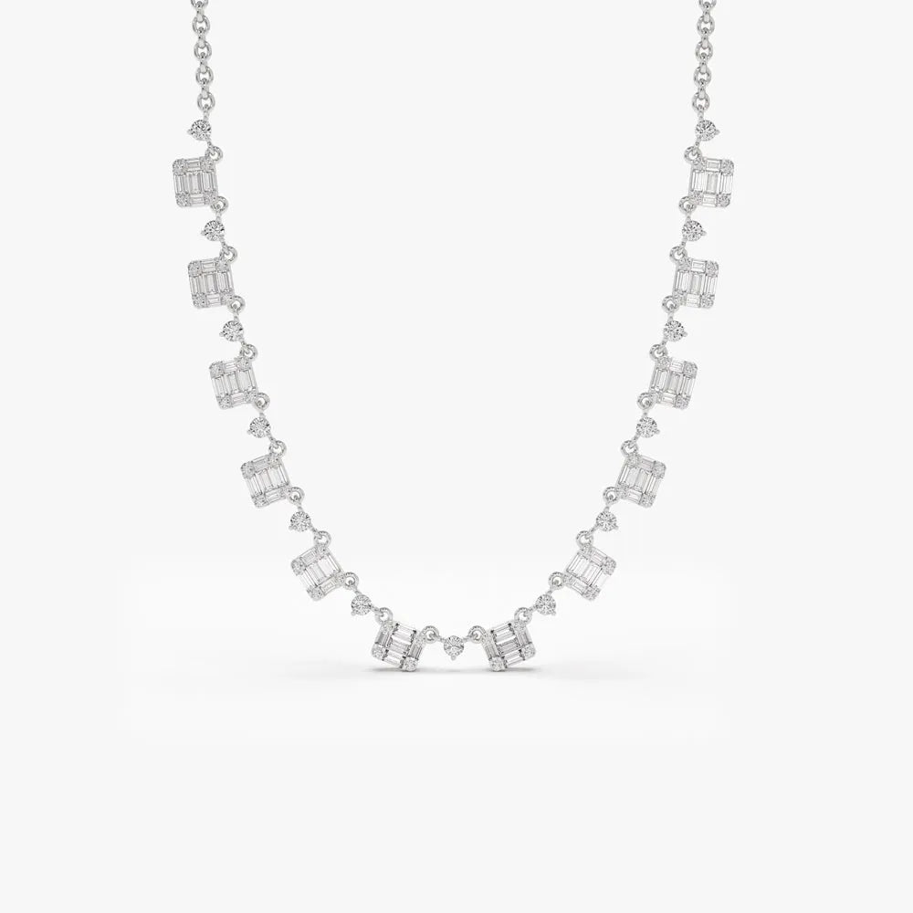 14K Solid Gold Baguette and Round Diamond Illusion Setting Statement Necklace Prong Setting 1.35ctw