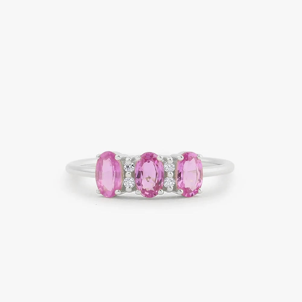 14k Gold Pink Sapphire and Diamond Oval Cut Three Stone Ring Prong Setting 1.05 ctw
