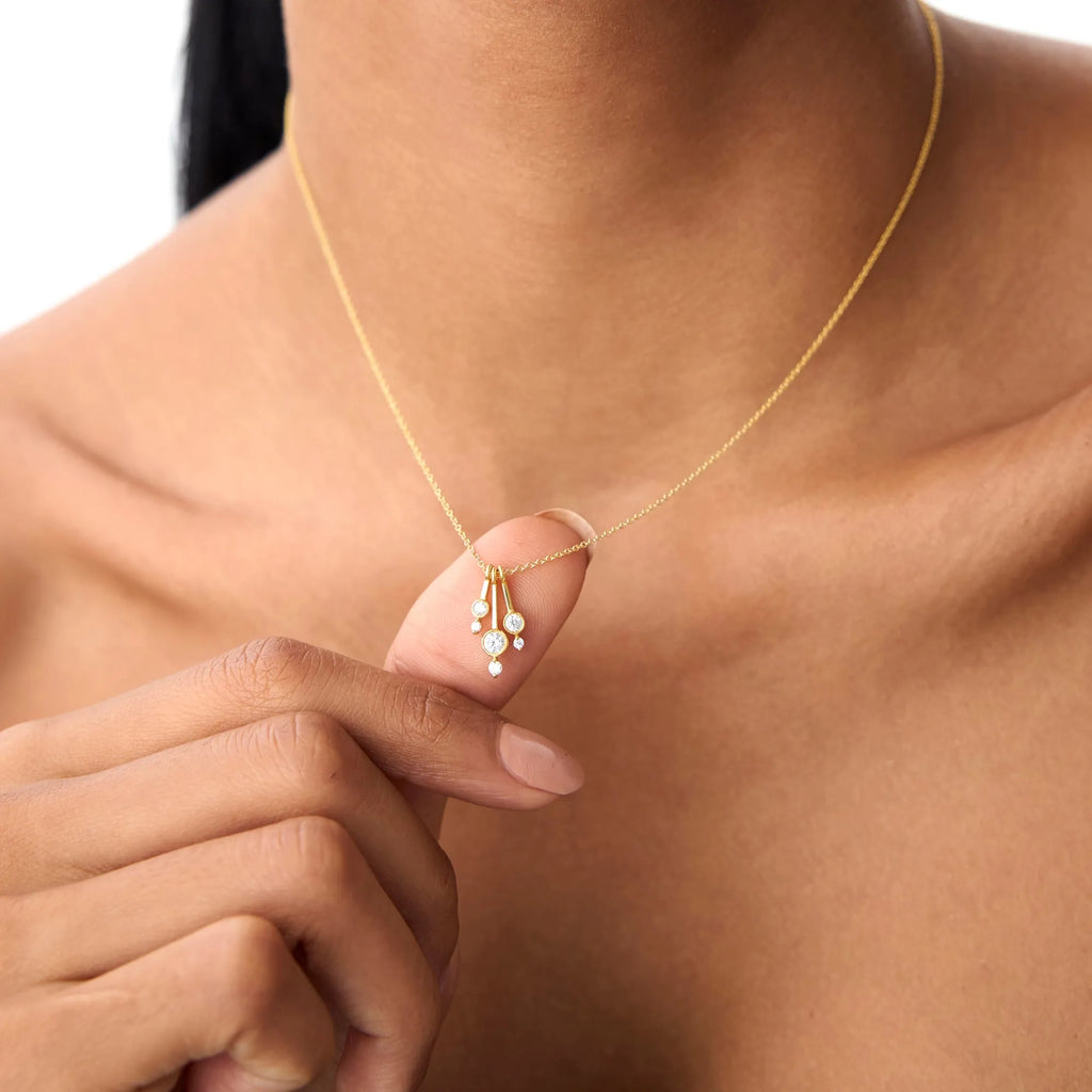 14K Solid Gold Baguette and Round Diamond Sunburst Pendant Necklace 0.40ctw