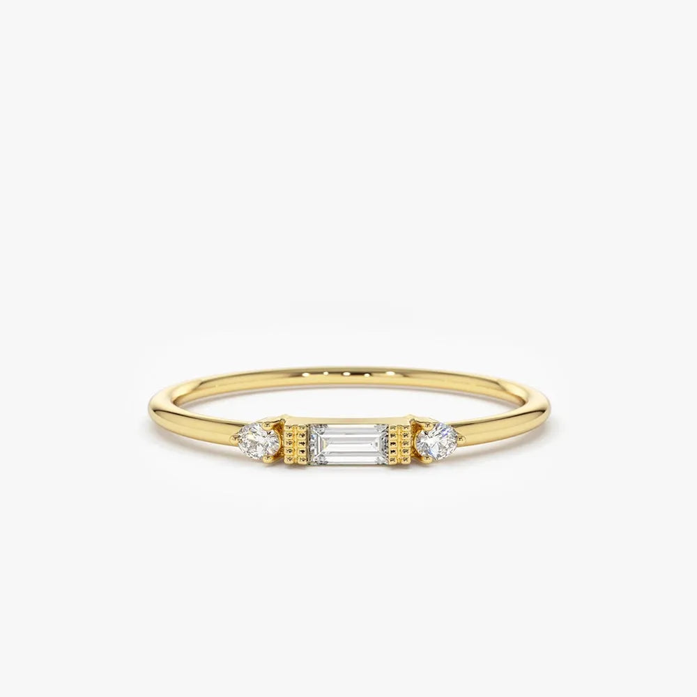 14k Solid Gold Baguette and Round Diamond 0.09ctw Horizontal Channel Set Ring