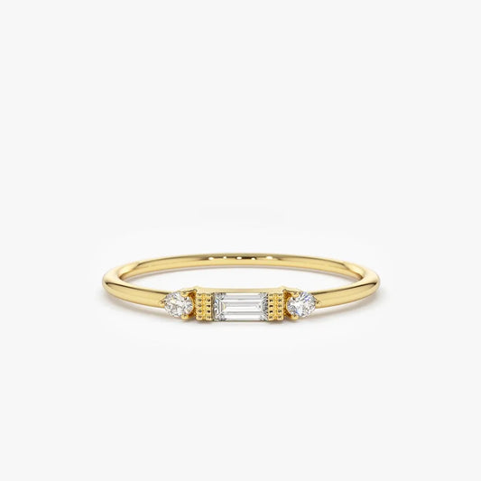 14k Solid Gold Baguette and Round Diamond 0.09ctw Horizontal Channel Set Ring