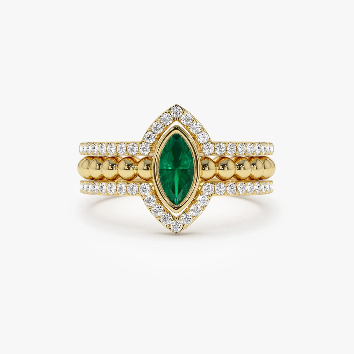 14K Solid Gold Marquise Emerald and Round Diamond Nesting Band Ring 0.70 CTW