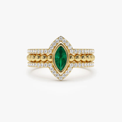 14K Solid Gold Marquise Emerald and Round Diamond Nesting Band Ring 0.70 CTW