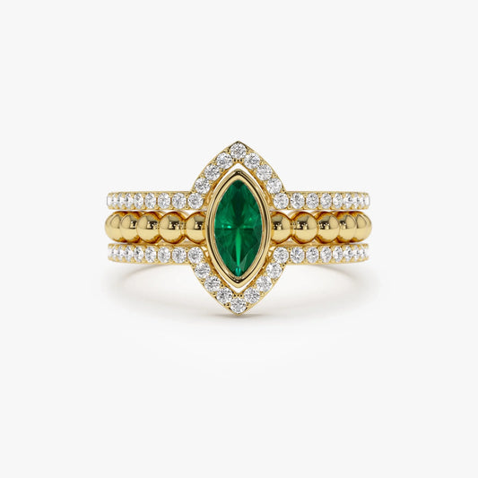 14K Solid Gold Marquise Emerald and Round Diamond Nesting Band Ring 0.70 CTW