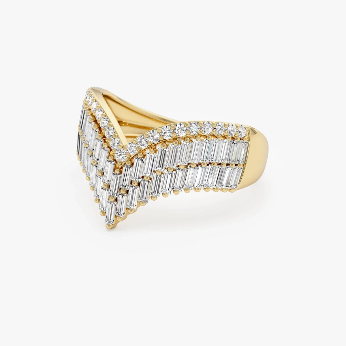 14k Solid Gold Baguette and Round Diamond 0.99 Carat Chevron Statement Ring