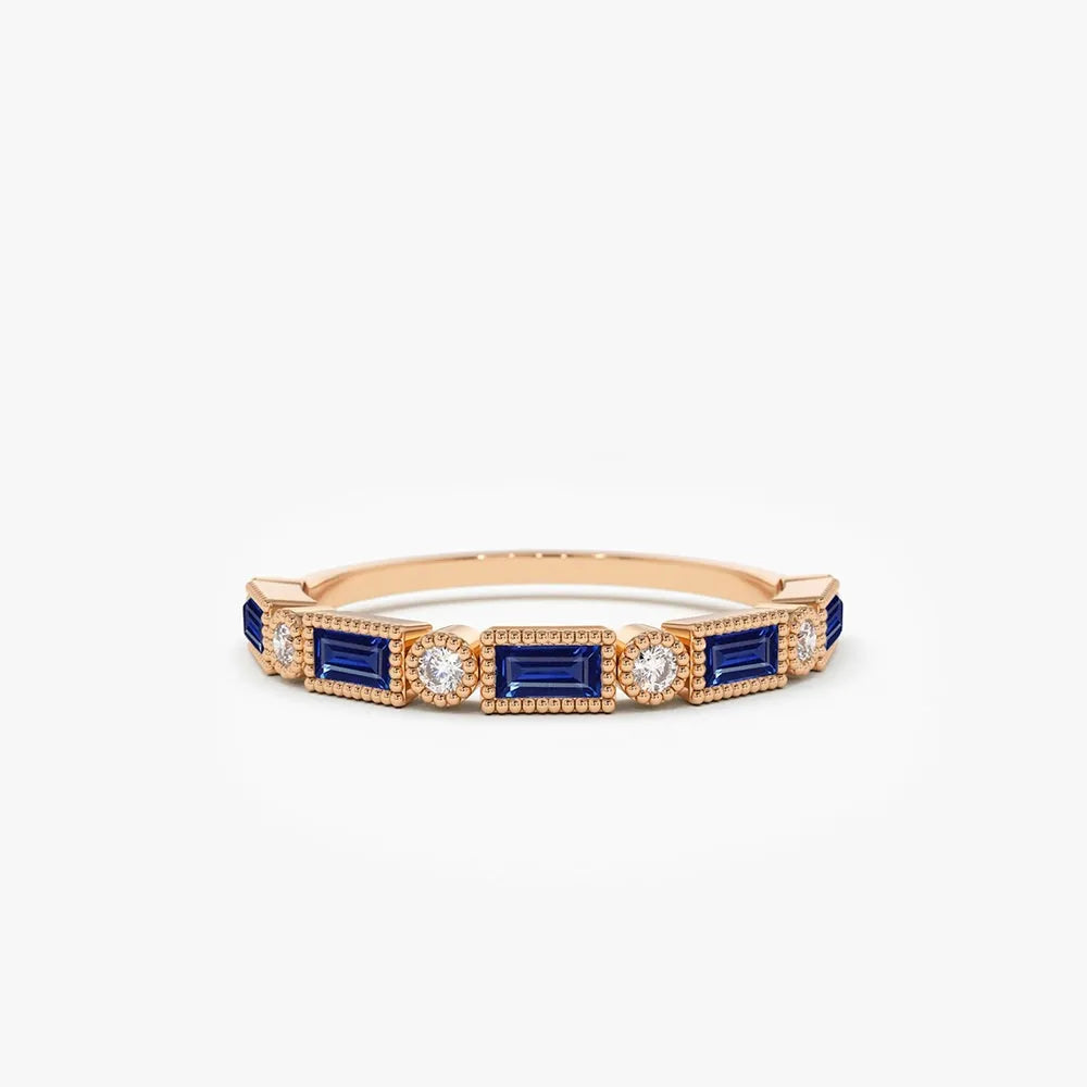 14k Gold Sapphire and Diamond Baguette and Round Cut Bezel Setting Ring 0.52 ctw