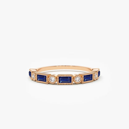 14k Gold Sapphire and Diamond Baguette and Round Cut Bezel Setting Ring 0.52 ctw