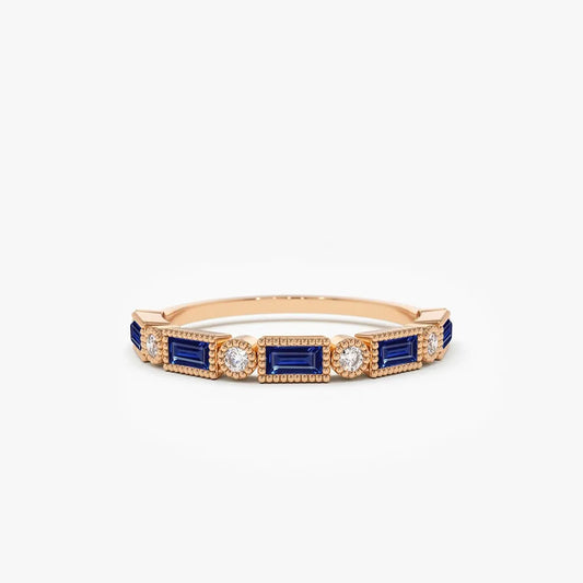 14k Gold Sapphire and Diamond Baguette and Round Cut Bezel Setting Ring 0.52 ctw