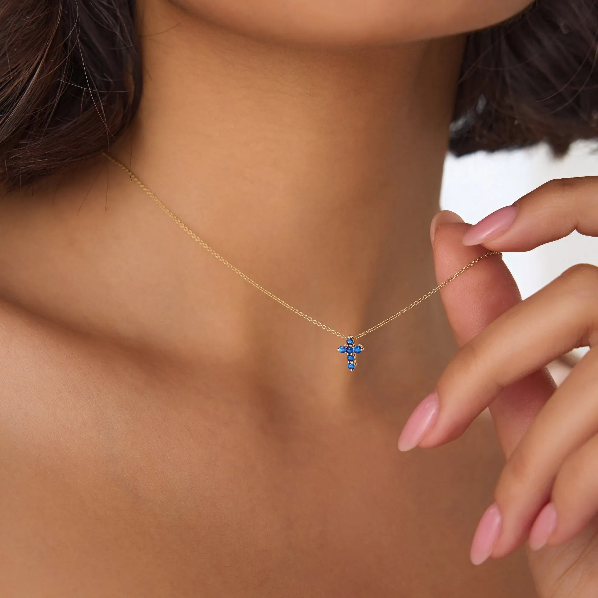 14k Solid Gold Round Sapphire Tiny Cross Pendant Necklace 0.20 Carat Prong Setting