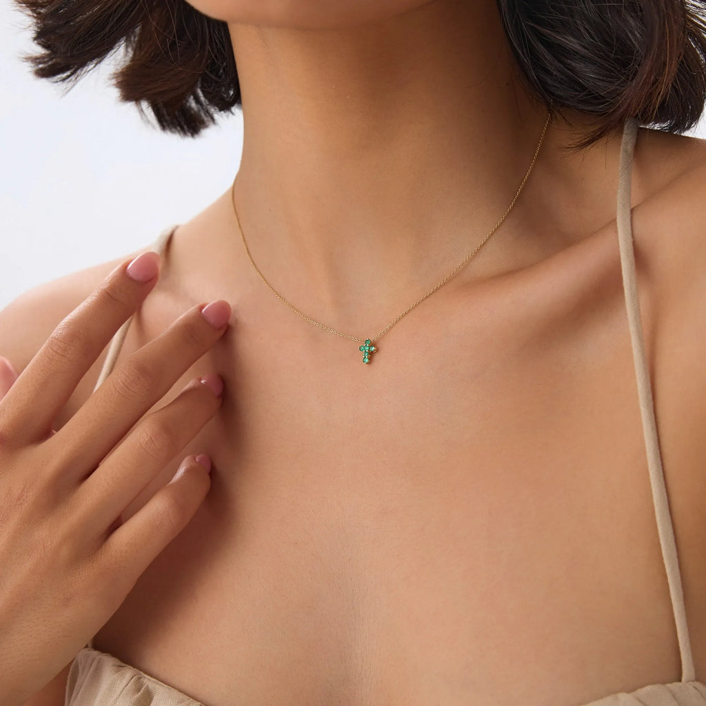 14k Solid Gold Round Emerald 0.18 CTW Tiny Cross Pendant Necklace Prong Setting