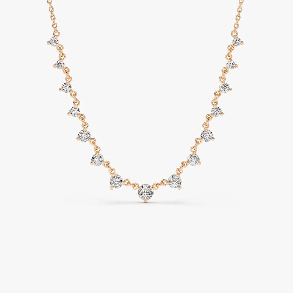 14K Solid Gold Round Diamond Graduating Necklace Prong Setting 0.85ctw