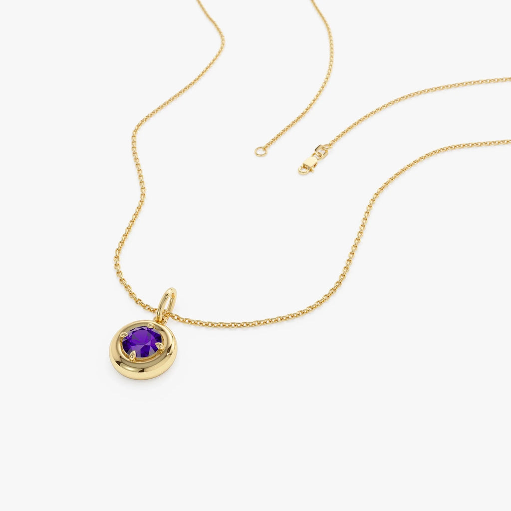 14k Solid Gold Round Amethyst Charm Necklace 0.50 Carat Prong Setting