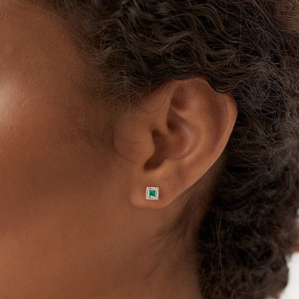 14k Solid Gold Princess Cut Emerald and Diamond Halo Stud Earrings 0.35 ctw