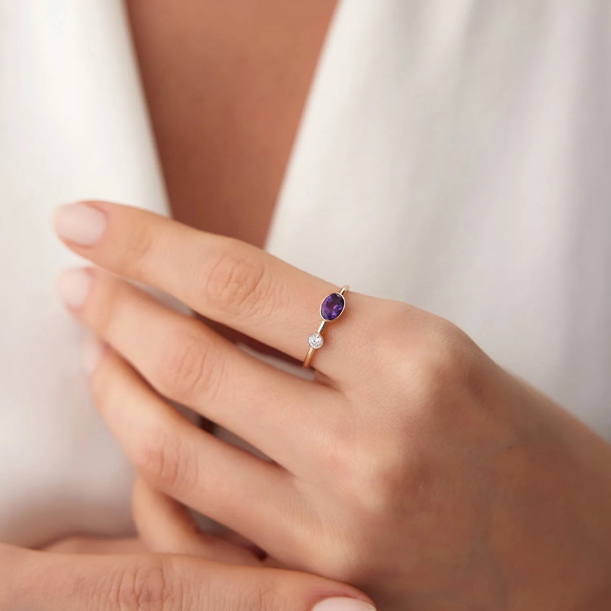 14K Solid Gold Oval Amethyst and Diamond 0.52ctw Bezel Set Ring