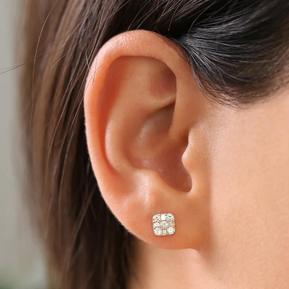 14k Gold Diamond Square Baguette and Round Cut Earrings 0.45 ctw