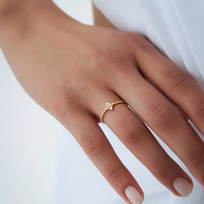 14k Solid Gold Baguette and Round Diamond Beaded Stacking Ring 0.12 ctw