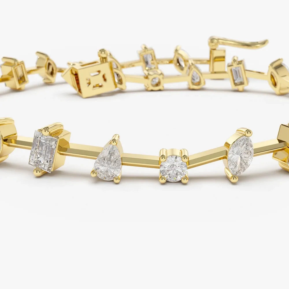 14K Solid Gold 1.98 CTW Round Baguette Marquise and Pear Diamond Multi-Shape Slant Bracelet