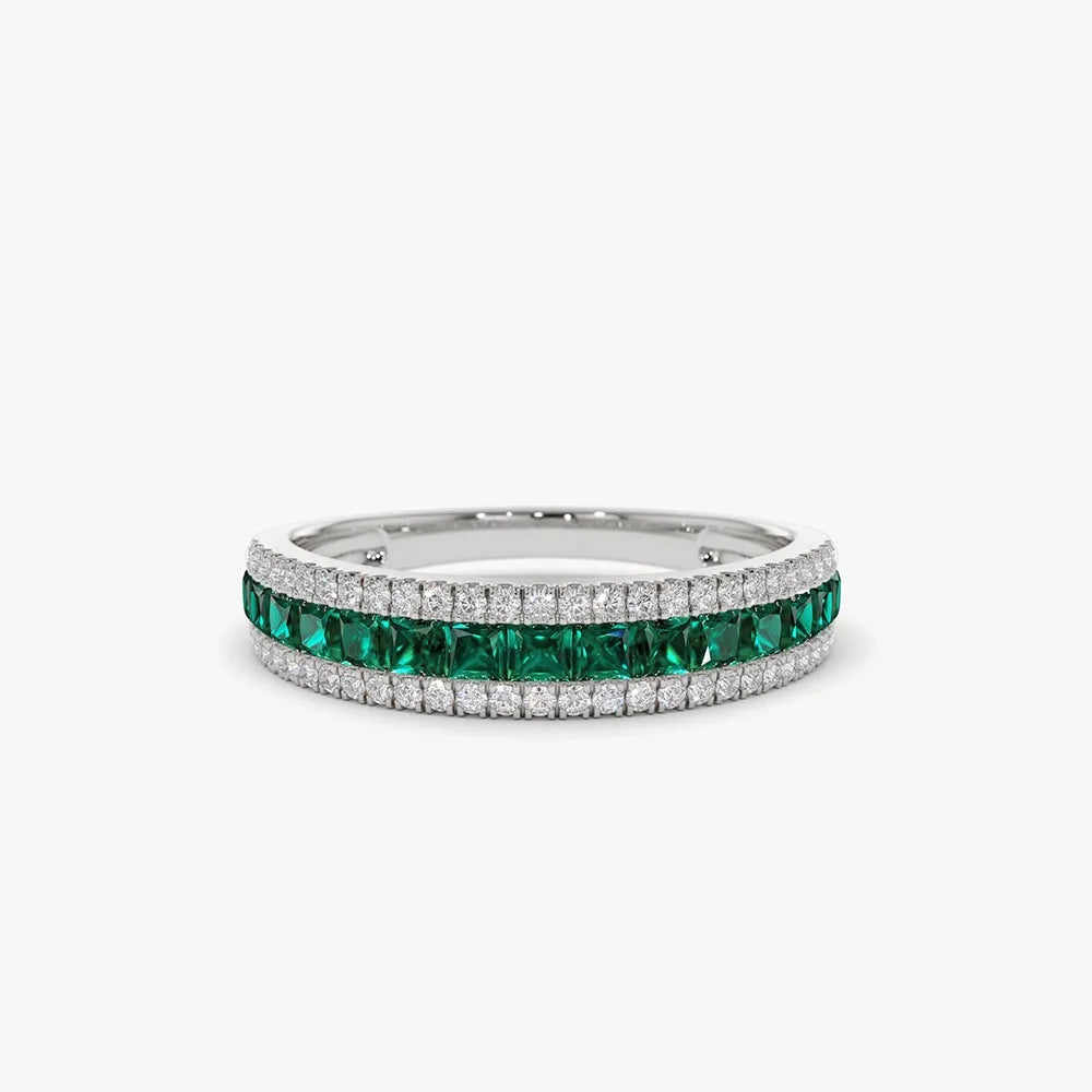 14K Gold Square Emerald and Round Diamond Half Eternity Band Ring 1.01 CTW