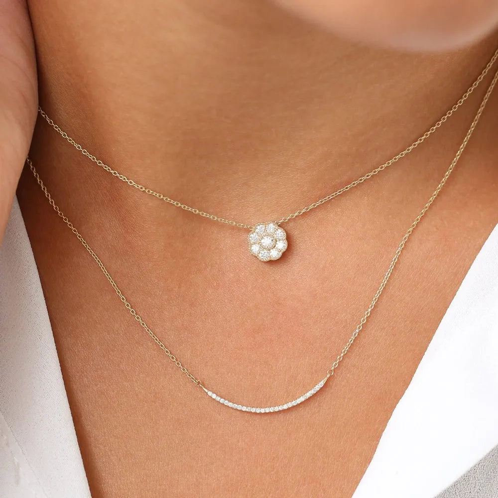 14K Solid Gold Round Diamond Floral Pendant Necklace 0.35ctw