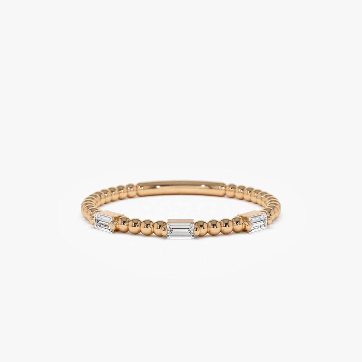 14K Solid Gold Baguette Diamond Beaded Minimalist Ring 0.12 CTW