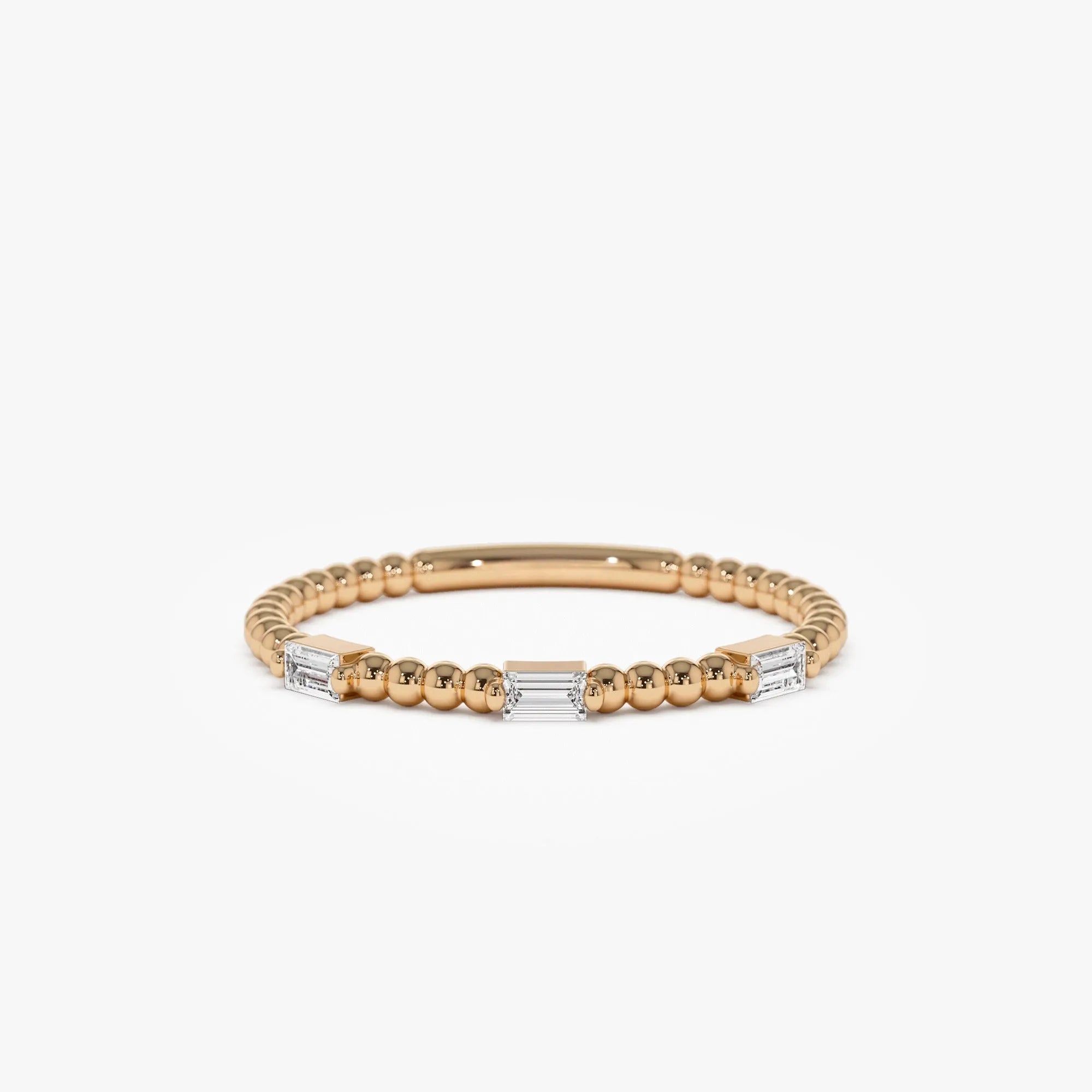 14K Solid Gold Baguette Diamond Beaded Minimalist Ring 0.12 CTW