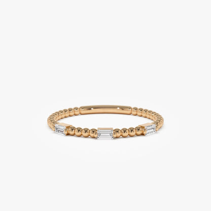 14K Solid Gold Baguette Diamond Beaded Minimalist Ring 0.12 CTW