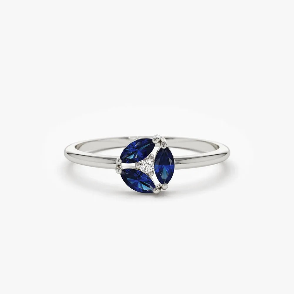 14k Solid Gold Marquise Sapphire and Round Diamond Cluster Ring 0.31 ctw